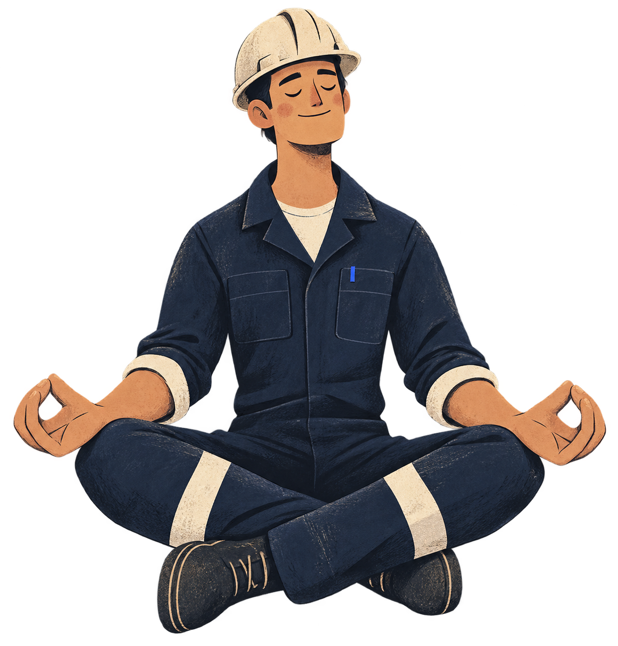 Le technicien EXAVO, calme, assis en position de méditation